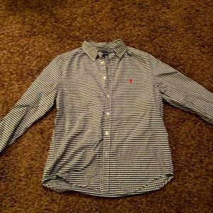 Boys RL Polo button down dress shirt in black gingham print. Red logo. Size L